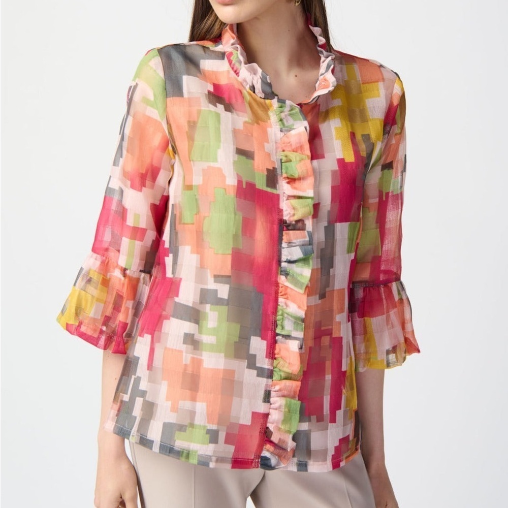 Joseph Ribkoff Multi Abstract Print Jacket size 12 organza sheer